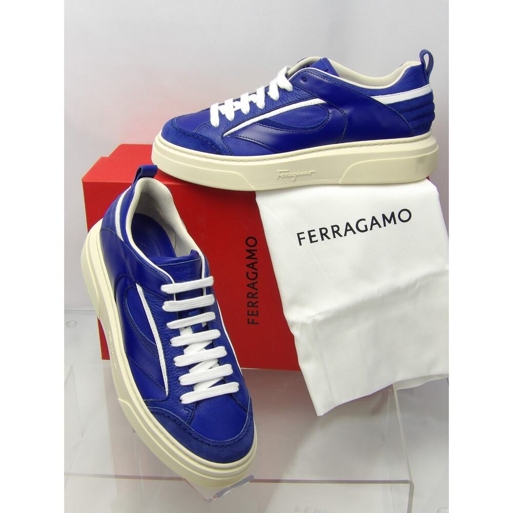 NIB FERRAGAMO CASSINA BLUE LEATHER LOGO LACE UP SNEAKERS 10 M ITALY